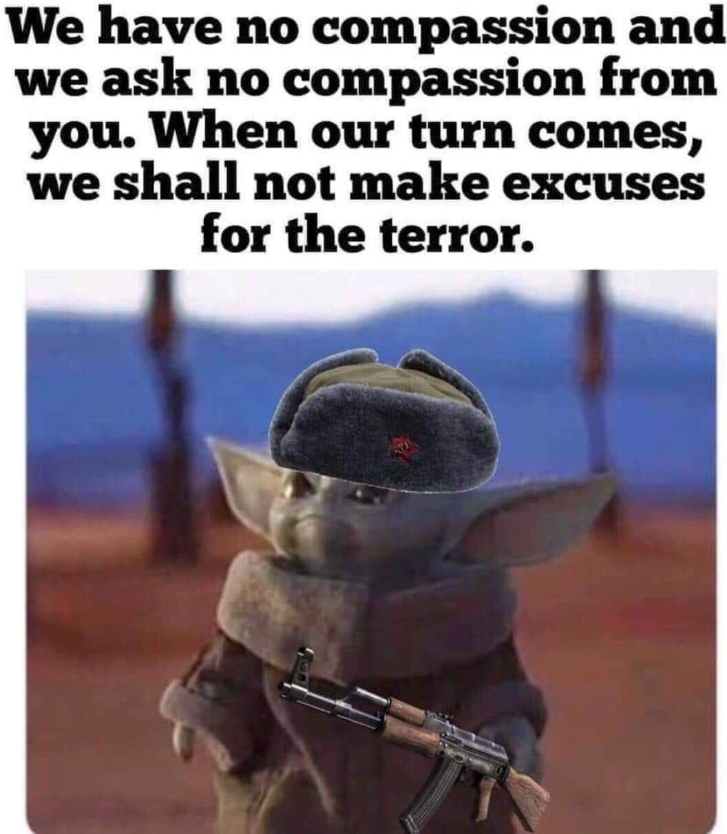 The meme features a screenshot from the 1984 film "Red Dawn" where a character says "I'm sorry, I'm sorry, I'm sorry" in a desperate attempt to save his comrades. The image is paired with a photo of the meme character, Baby Yoda from the Star Wars series, wearing a Soviet-style military hat and holding a rifle. The text overlay reads: "I'm sorry, I'm sorry, I'm sorry" and "I don't want to die" in a childlike voice.